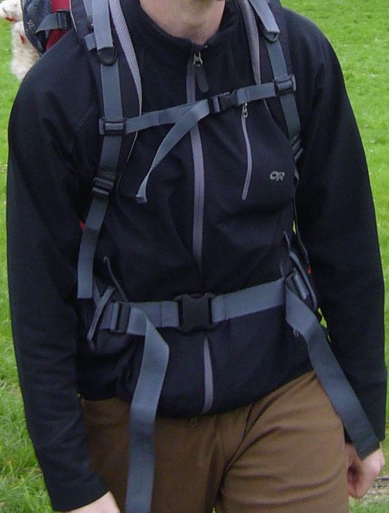 Logic Jacket underneath a child carrier, sternum strap pushed as high as it can usefully go