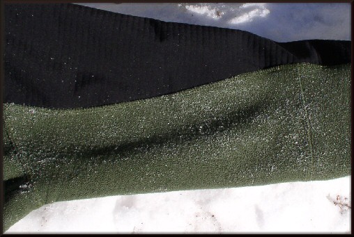 Snow sticks to the green fleece