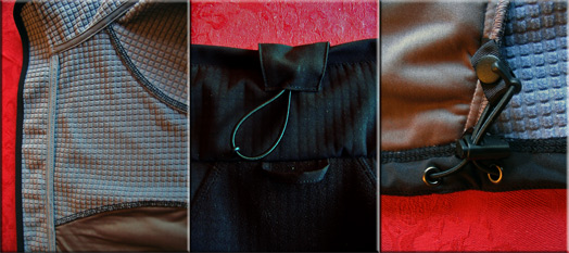 All seams well overlocked or hidden (left) / the back collar with the concealed drawcord toggle and a hanging loop (center) / hem drawcord prevented from dangling (right)