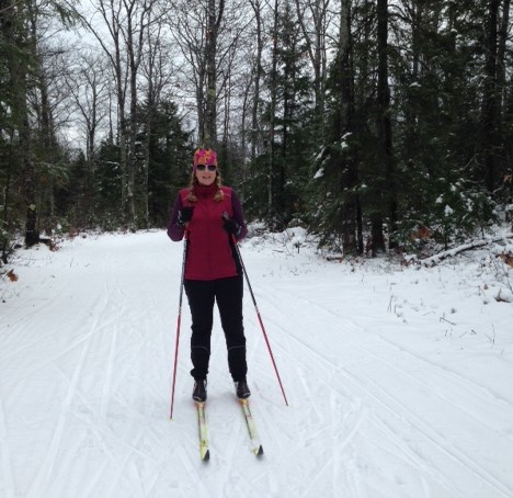 Author skiing wearing Victory Vest