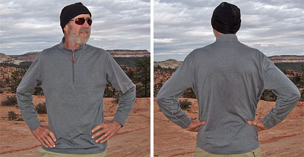 Hot Chillys Chamois Zip T, worn without a pack and not tucked in to show the body length. The color is charcoal.