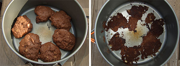 We cooked brownies for desert two evenings by liberally oiling the pot and frying dollops of the batter in the covered pot over very low heat (left photo). The brownies stuck badly to the pot. Our experience confirmed that the pot does not have a non-stick coating.