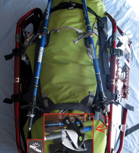 Pack with snowshoes and poles attached