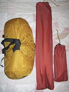 Tent in compression sack (not included), poles, stakes