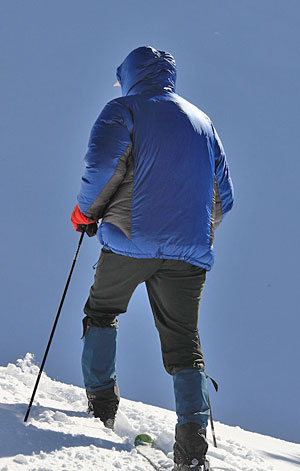 The GoLite Diablo Parka kept me warm while backcountry skiing in a high alpine basin on a sunny cold day.