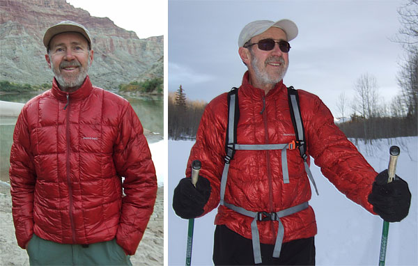 My testing of the Montbell Ex Light Down Jacket included a nine day canoe trip on the Green River in southern Utah (left), and numerous backcountry skiing trips (right).