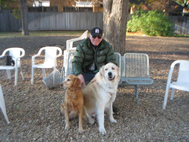 Author in Down Jacket with Texas's two most spoiled dogs