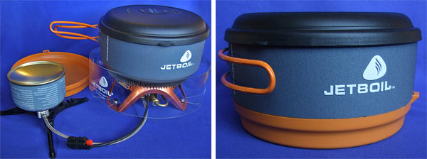 The Jetboil Helios cooking system (left) consists of a pot-supporting burner assembly, a 2-liter pot with a flux ring attached to the bottom to increase heat transfer, and a stand that supports an inverted fuel canister. The entire stove packs into the cook pot (right), which provides a compact and durable unit for packing.