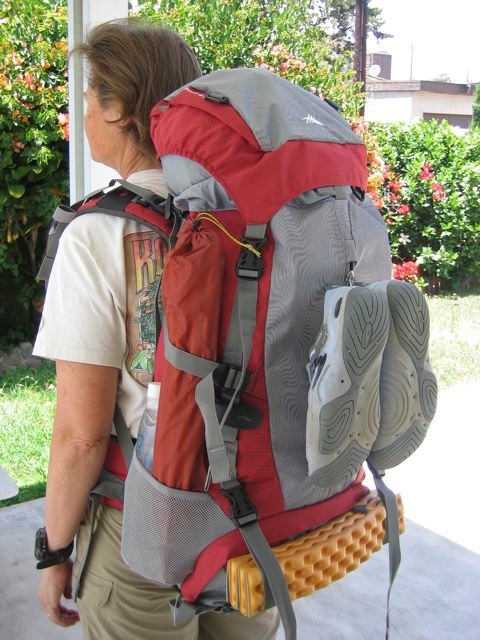 Backpack loaded up including water filter minus food
