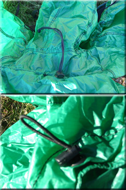 Zoom on the adjusting cords around the pack cover (top) and one side of the chin (bottom)
