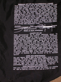 Instructions printed on stuff sack