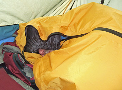 Sleeping in the Integral Designs Penguin Reflexion Bivy inside a double wall tent.