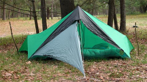 AGG Tarp Tent With Vestibule Folded Back to Create Wind-Break