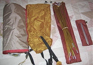 Tent, compression sack (not included), poles, stakes