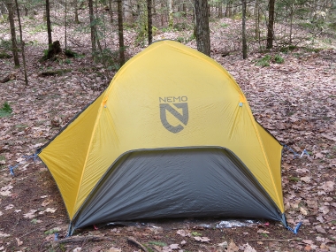 Head end of tent with shorter fly
