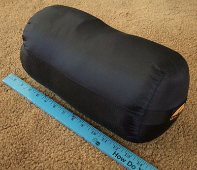 The GoLite Adrenaline 20 sleeping bag stuffed in its stuff sack measures 14 in long x 6.5 in wide (36 cm x 17 cm).