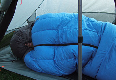 Side sleeping in the GoLite Adrenaline 20 bag in a single wall tent.