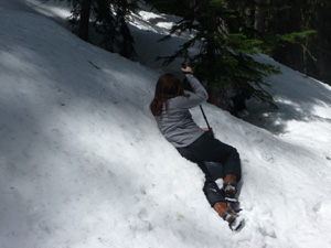 Sue falling on steep terain
